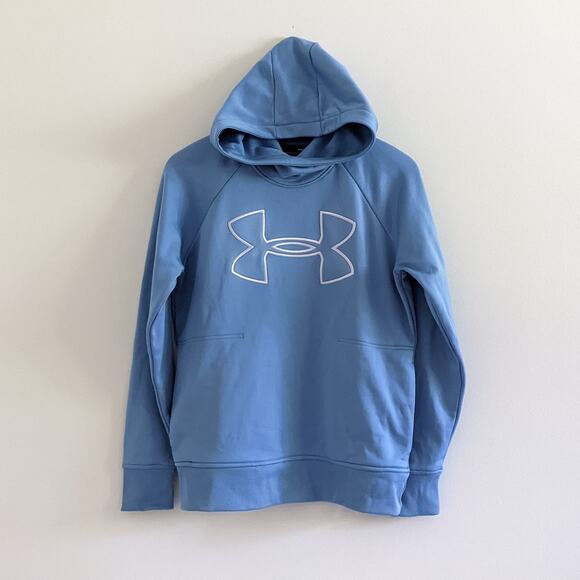 Under Armour Womens Sz S Big Logo Hoodie Funnel Neck Sweatshirt Pockets Blue - Picture 1 of 5